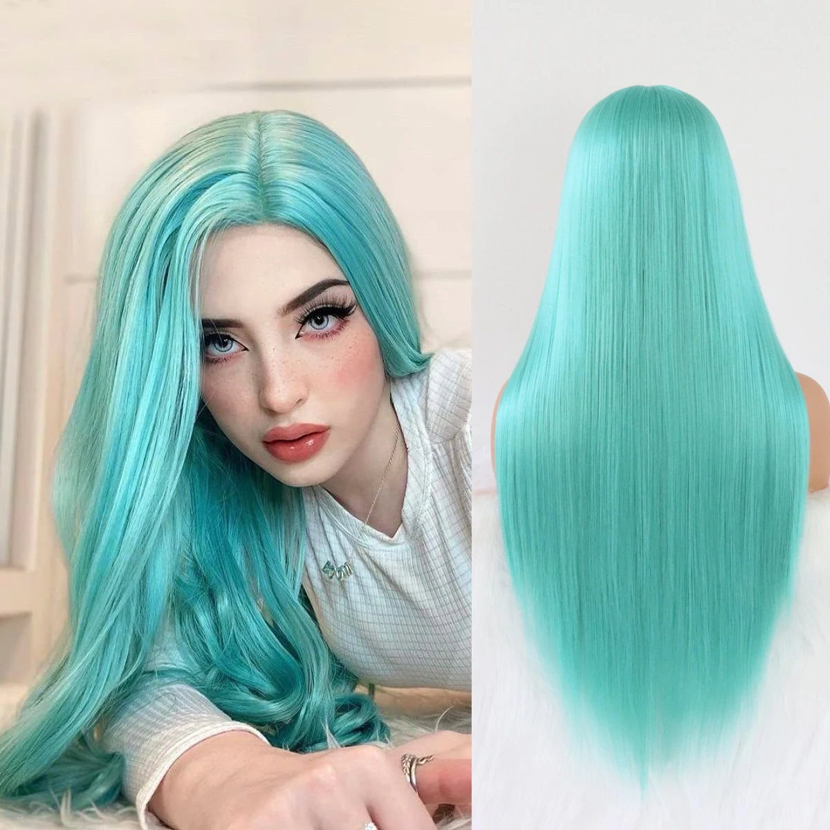 Top Trends: Blue Synthetic Lace Wigs Long Silk Straight Light Blue Wig With Middle Part High Temperature Fiber For Women Party Show Shoppable Styles