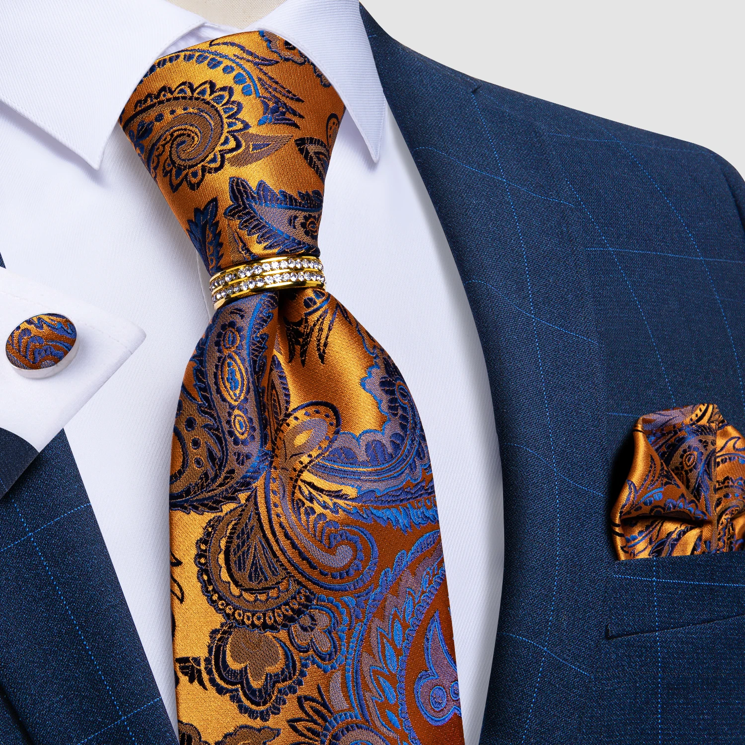 Top Trends: Men Tie Blue Gold Paisley Quality Wedding Tie For Men Tie Ring Hanky Cufflink Silk Tie Set DiBanGu Designer Business JZ03-7392 Shoppable Styles