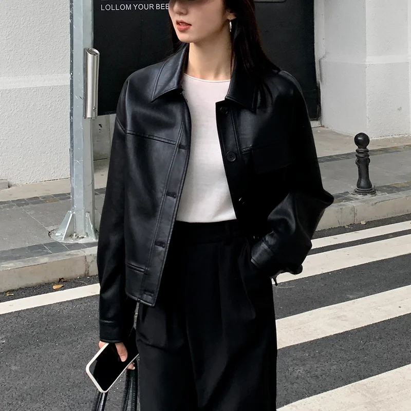 Top Trends: Black Cropped Leather Jacket Women Korean High Street Leather Blazers Women Vintage Streetwear Moto Bike Jacket Autumn 2021 New Shoppable Styles