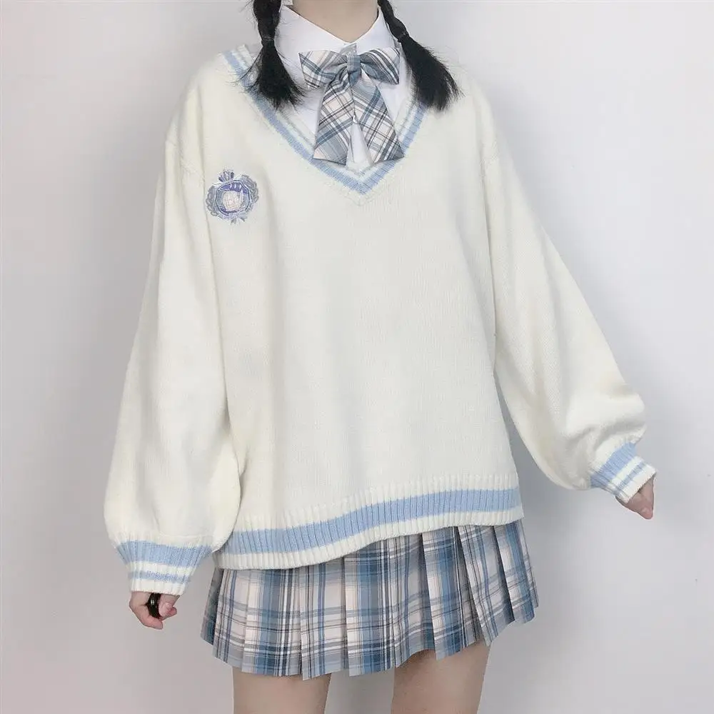 Top Trends: JK Uniform Pullover Sweater Korean V-neck Knitted Tops College Style Sweet Female Student Loose Outwear Japanese School Uniform Shoppable Styles