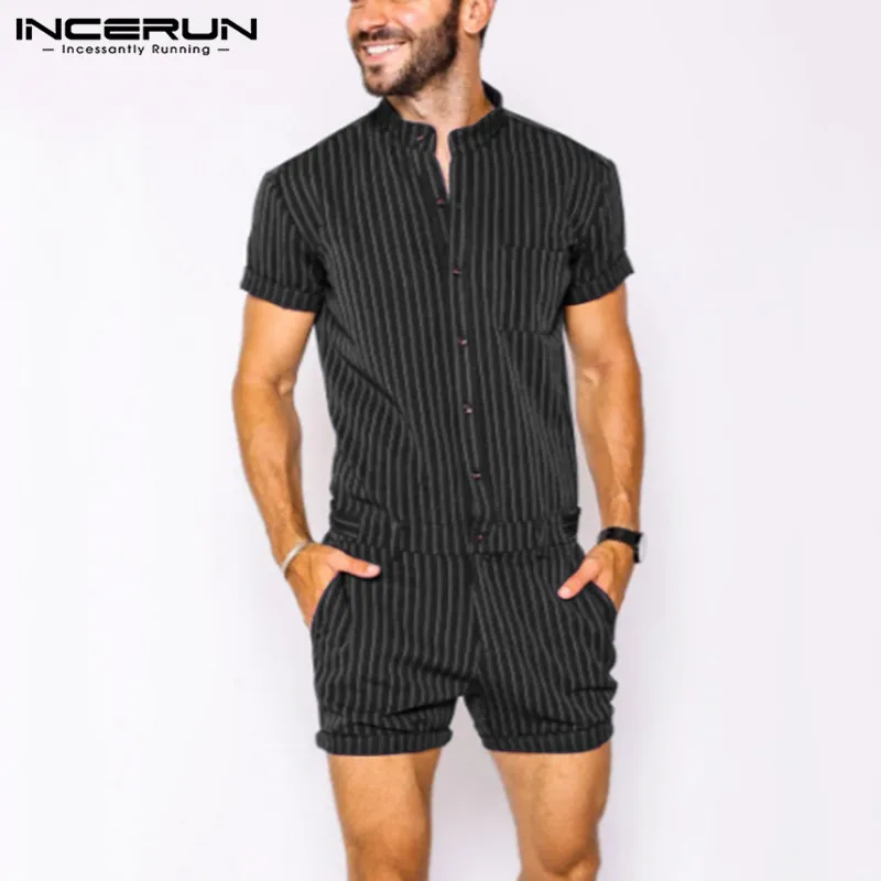 Top Trends: Fashion Men Rompers Striped Breathable Stand Collar Short Sleeve Joggers Playsuits Streetwear 2023 Men Shorts Jumpsuits INCERUN Shoppable Styles