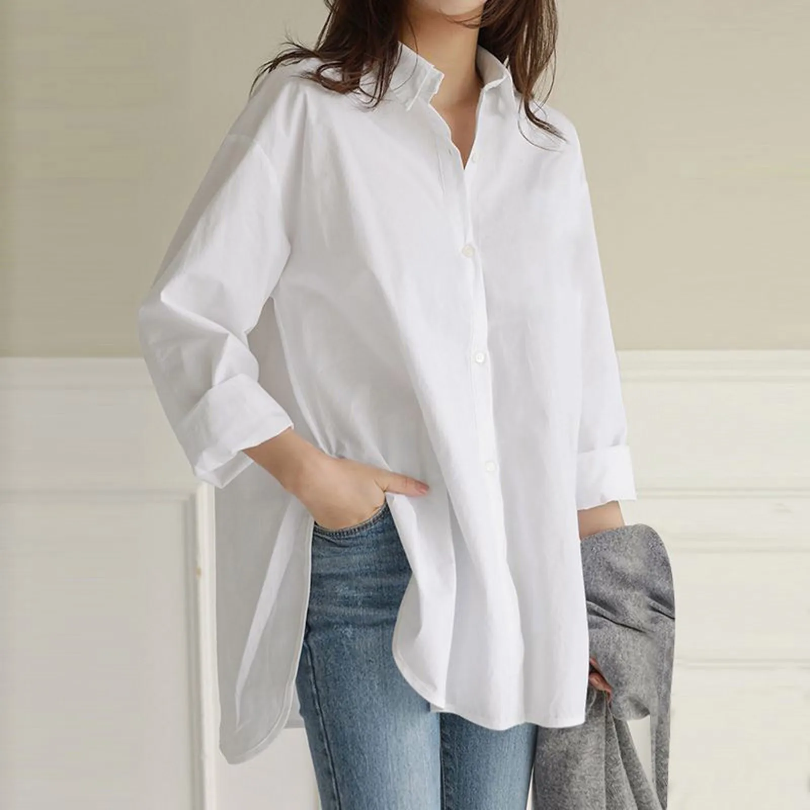 Top Trends: Casual Loose Long Shirt Women Solid Colour Oversize V-Neck Long Sleeve Button Top Shirt Blouse Ropa Mujer блузка женская 2023 Shoppable Styles - Image 4