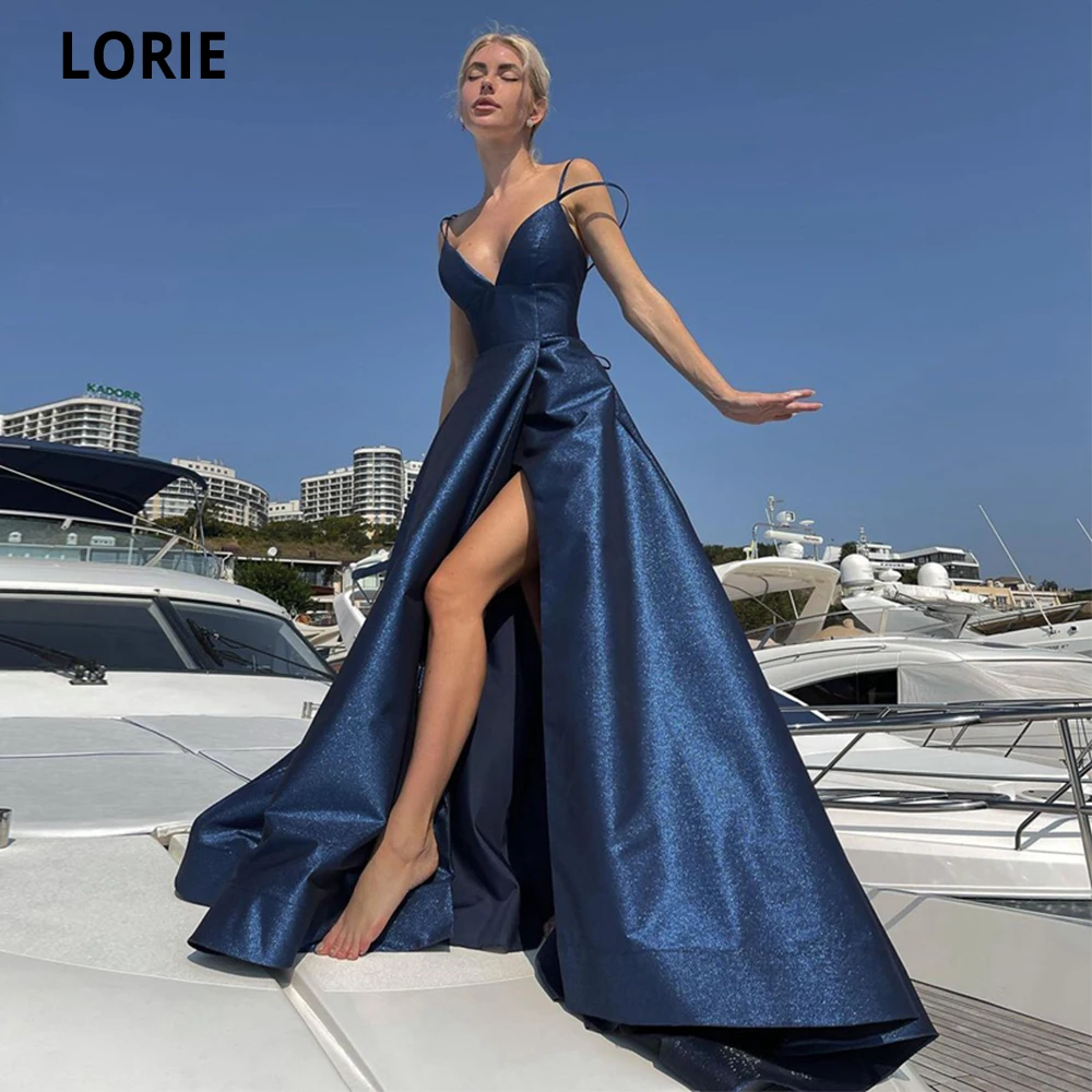 Top Trends: LORIE Sexy V Neck Formal Sparkle Satin Evening Dress 2021 Sleeveless Prom Party Dress Side Split Longo Party Gown Custom Made Shoppable Styles