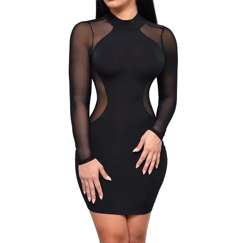 Top Trends: Fashion Bodycon Mini Dress 2023 Women Sexy Mesh Patchwork See-Through Long Sleeve Sheath Slim Evening Party Dresses Shoppable Styles