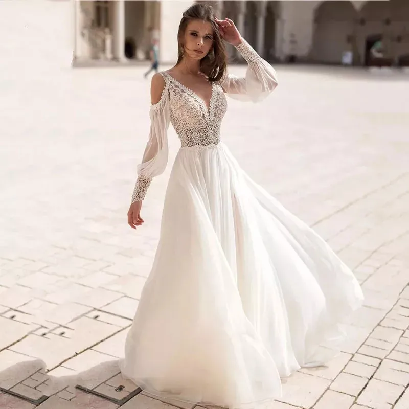 Top Trends: Beach Chiffon Wedding Dresses Detachable Puff Sleeves V Neck Lace Applique Backless Boho Elegant Bridal Gowns Vestidos De Novia Shoppable Styles