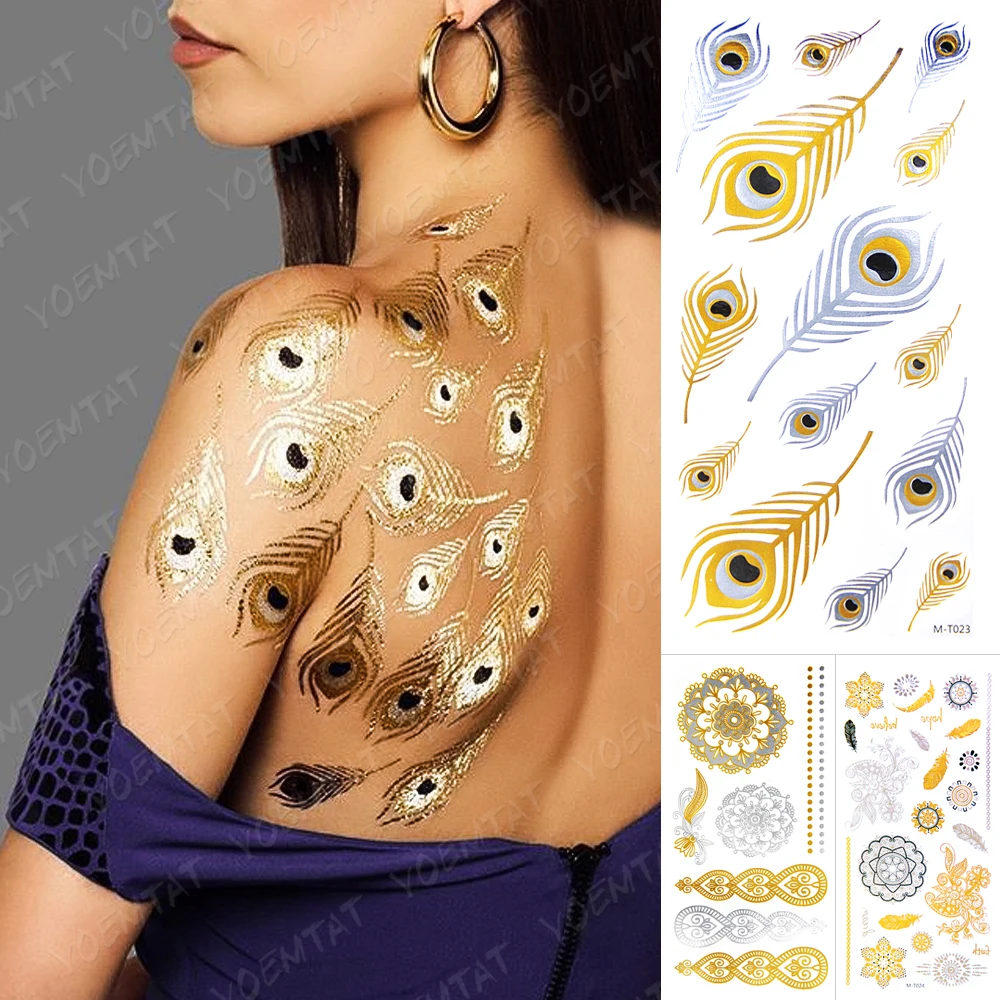 Top Trends: Waterproof Temporary Tattoo Sticker Peacock Feather Gold Silver Metallic Flash Tatoo Henna Mandala Glitter Bracelet Body Art Shoppable Styles