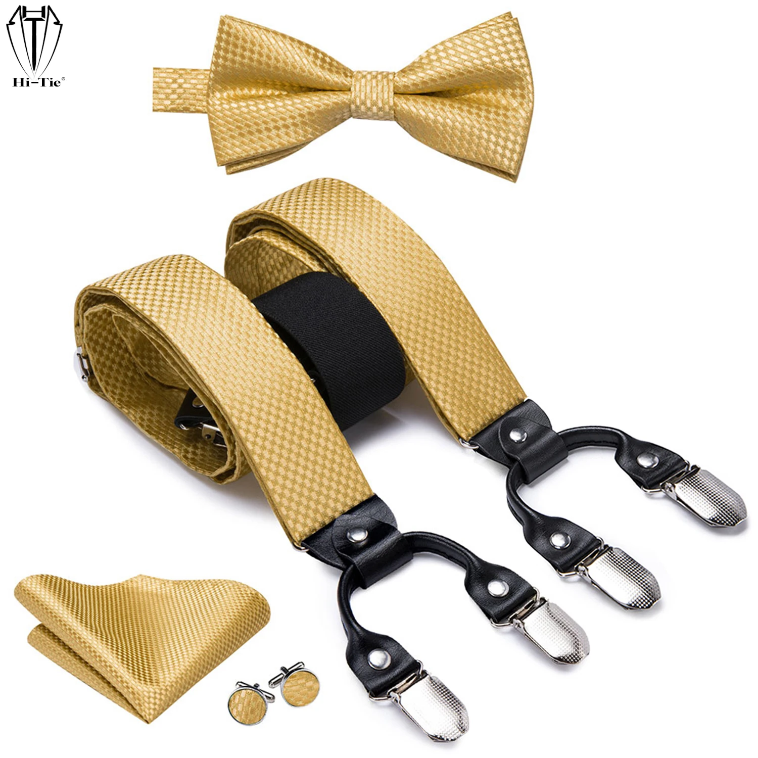 Top Trends: Hi-Tie Silk Men&#039;s Suspenders Set Gold Plain Jacquard 6 Clips Male Braces Bowtie Hanky Cufflinks Black Leather Y Back Straps Gift Shoppable Styles