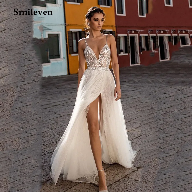 Top Trends: Smileven Beach Wedding Dress Boho Vestido De Noiva Bohemian Side Split Lace Bridal Dress Backless Spaghetti Straps Wedding Gowns Shoppable Styles