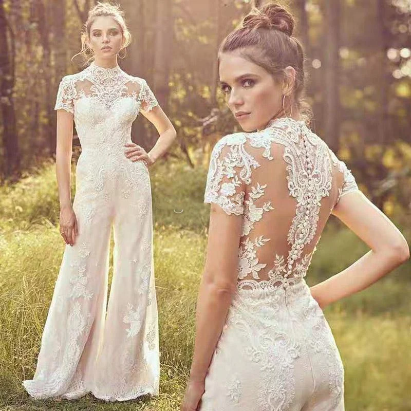 Top Trends: Elegant Jumpsuit Wedding Dresses For Women 2024 Lace Applique Short Sleeve O-Neck Vestidos De Novia Illusion Back Bridal Gowns Shoppable Styles