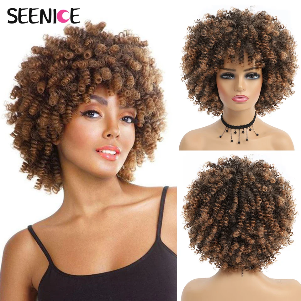 Top Trends: Short Hair Afro Kinky Curly Wig With Bangs African Synthetic Wigs For Black Women Ombre Natural High Temperature Black Brown Shoppable Styles