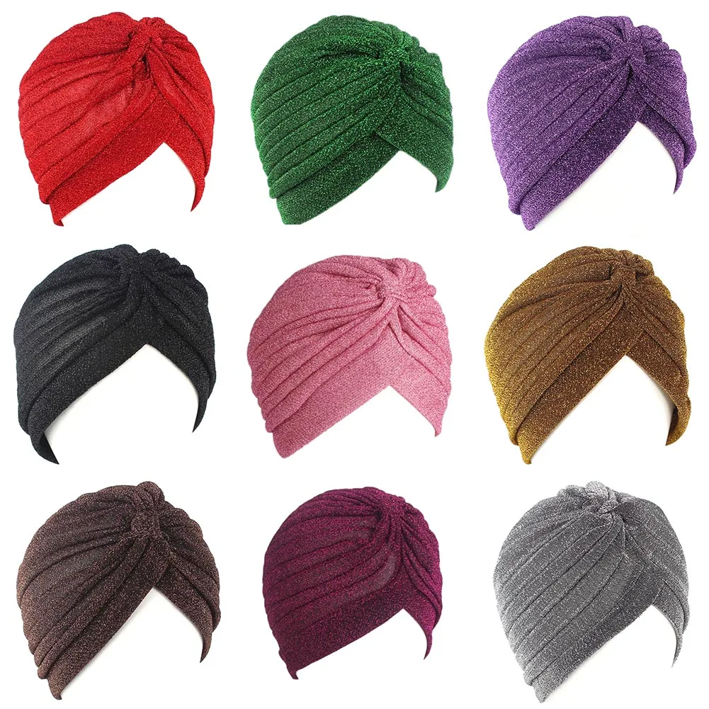 Top Trends: New Bling Gold Silk Headband For Women Knot Twist Turban Cap Warm Stretch Knitted Headscarf Indian Hat Muslim Headpiece Bandanas Shoppable Styles - Image 2