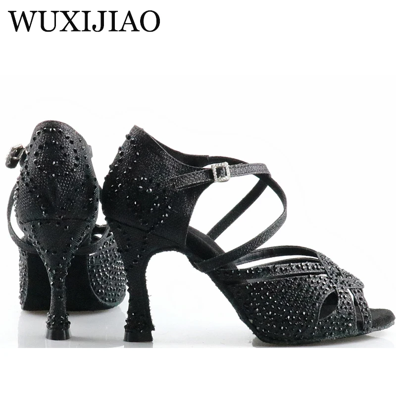 Top Trends: WUXIJIAO Women Salsa Party Ballroom Shoes Latin Dance Shoes Big Small Rhinestone Shining Bronze Skin Black Satin Cuba Heel 9cm Shoppable Styles