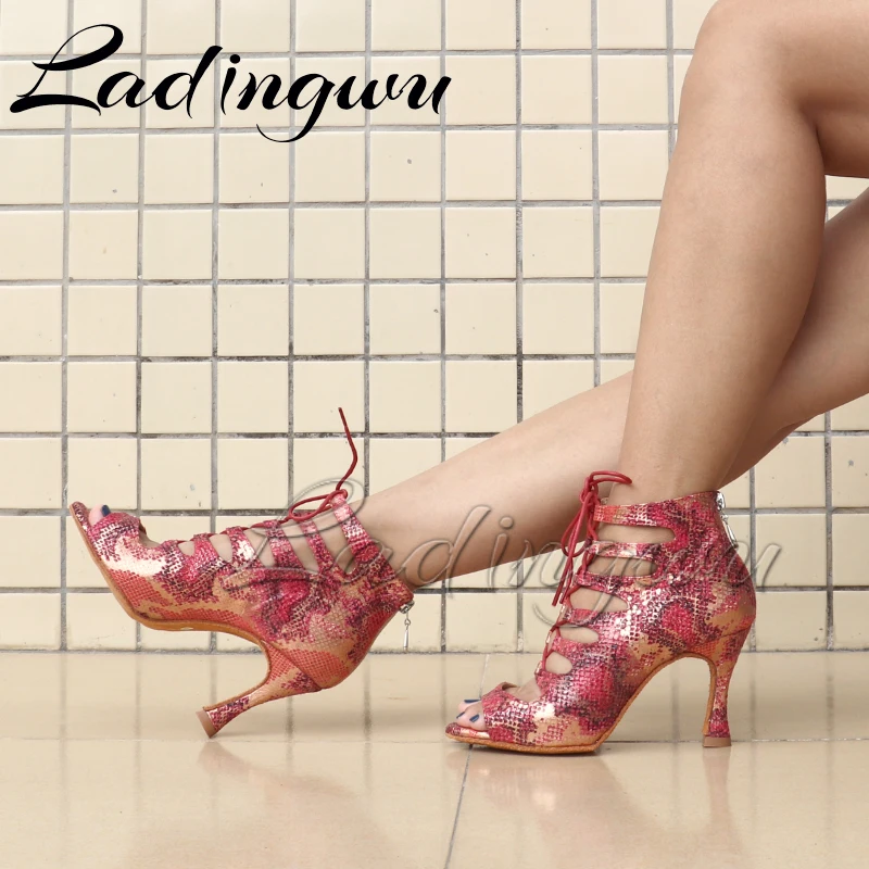 Top Trends: Ladingwu Latin Boots Soft Bottom Dance Shoes Zipper Women's Sandals Latin Salsa Dance Shoes Blue / Red Snake Texture Suede Boots Shoppable Styles