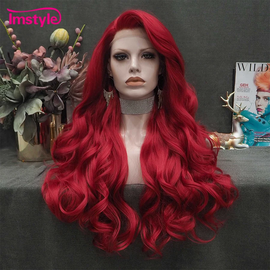 Top Trends: Imstyle Red Wig Long Synthetic Lace Front Wig Natural Wavy Cosplay Wigs For Women Heat Resistant Fiber White Brown Lace Wigs Shoppable Styles