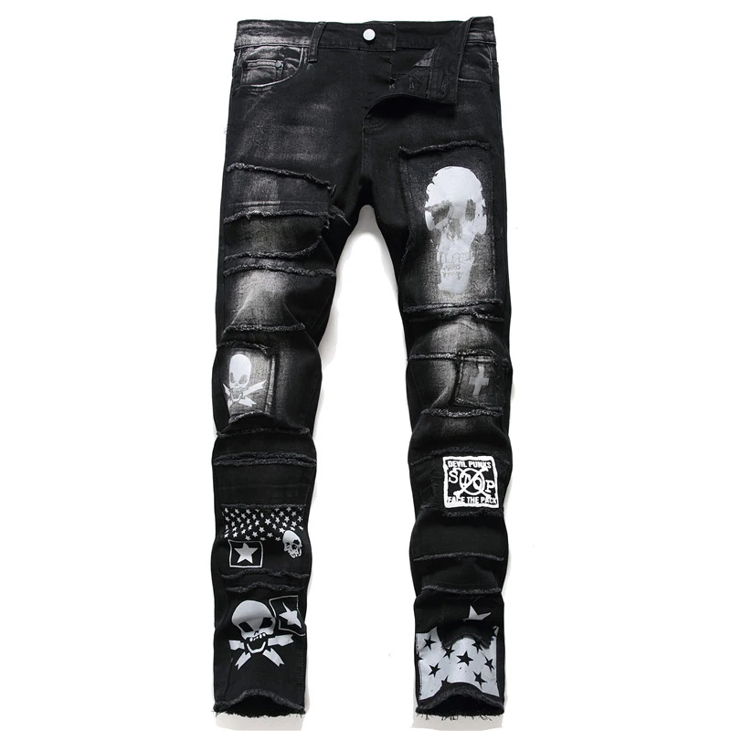 Top Trends: Men'S Pants Streetwear Fashion Trousers Jeans Skull Black Denim Biker High Quality Male Casual Designer Ripped Comfortable Shoppable Styles