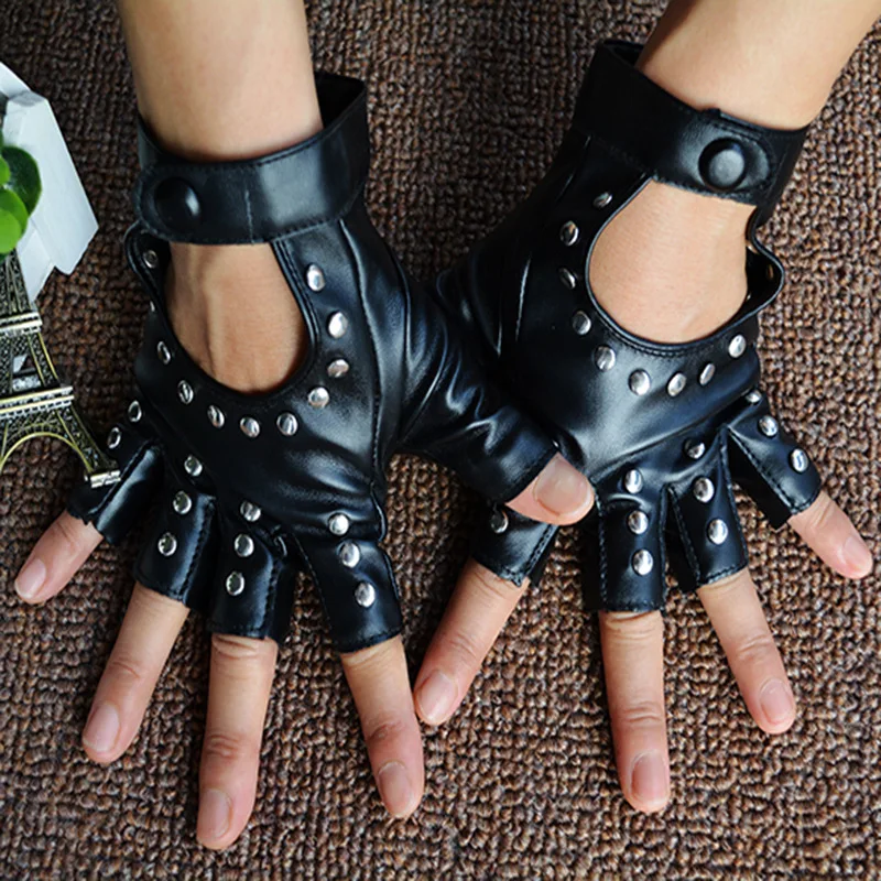 Top Trends: 1 Pair Halloween Black Pu Leather Fingerless Gloves Female Half Finger Driving Women Fashion Punk Gloves Dance Rivets Gloves Shoppable Styles