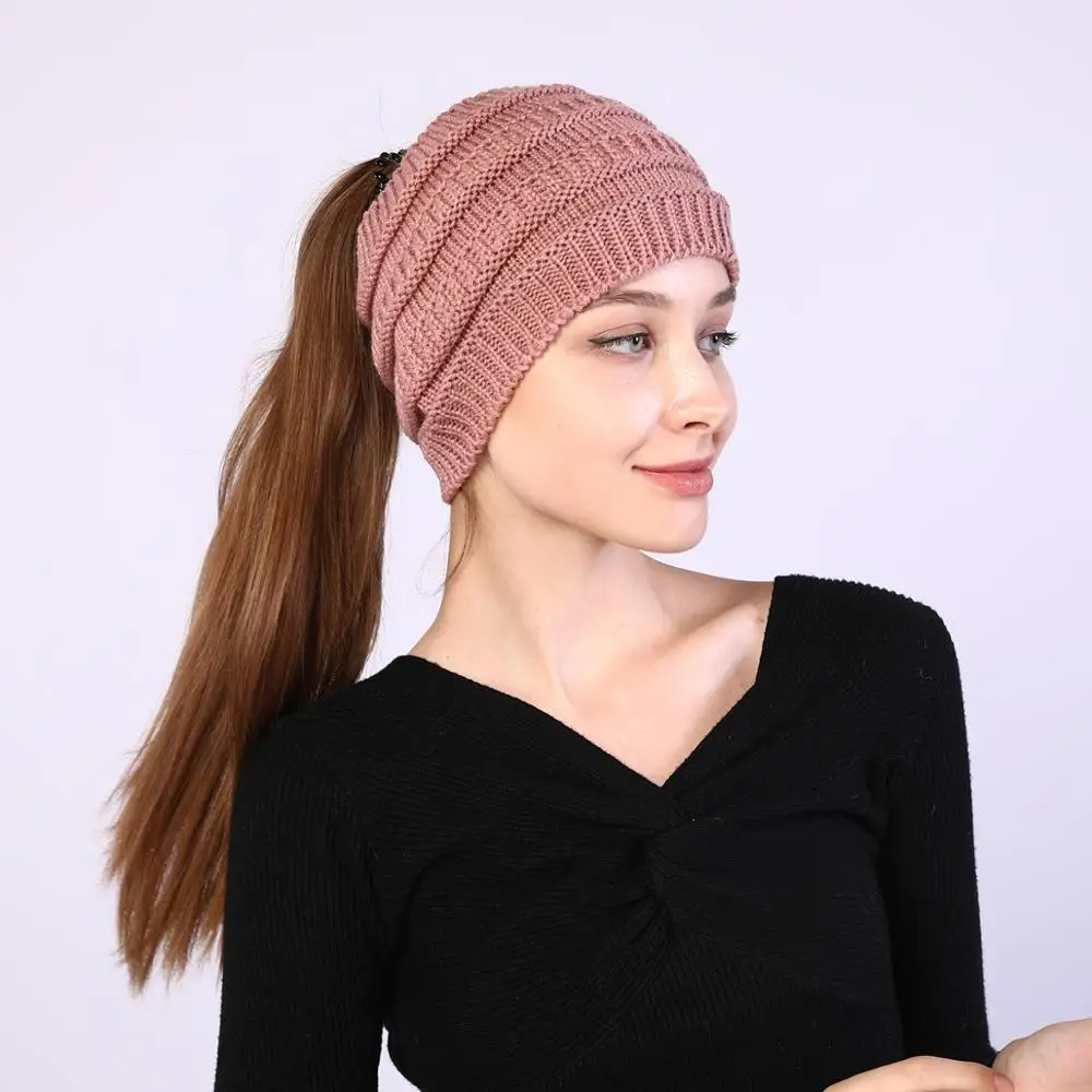 Top Trends: Hats For Women Knitted Hat Cotton Winter Beanies With Ponytails Black Knit Fleece Pink Autumn Solid Color Ladies Cap Shoppable Styles