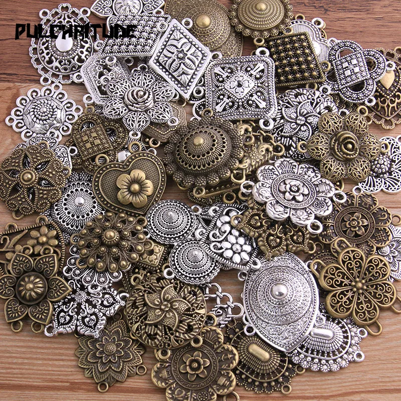 Top Trends: PULCHRITUDE Random 6 Pcs Mix 31 Styles Two Color Zinc Alloy Retro Pendants Connectors Linker For DIY Charm Jewelry Accessorie Shoppable Styles