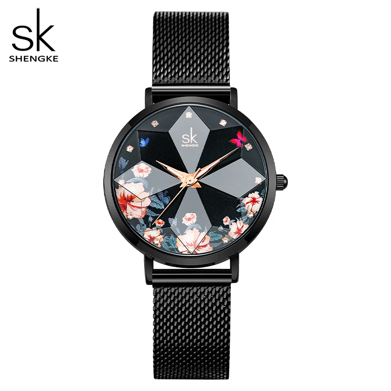 Top Trends: Shengke New Women Watches Romantic Flower Cutting Dial High Quality Black Mesh Band Lady Watches Relogio Feminino Gift For Love Shoppable Styles