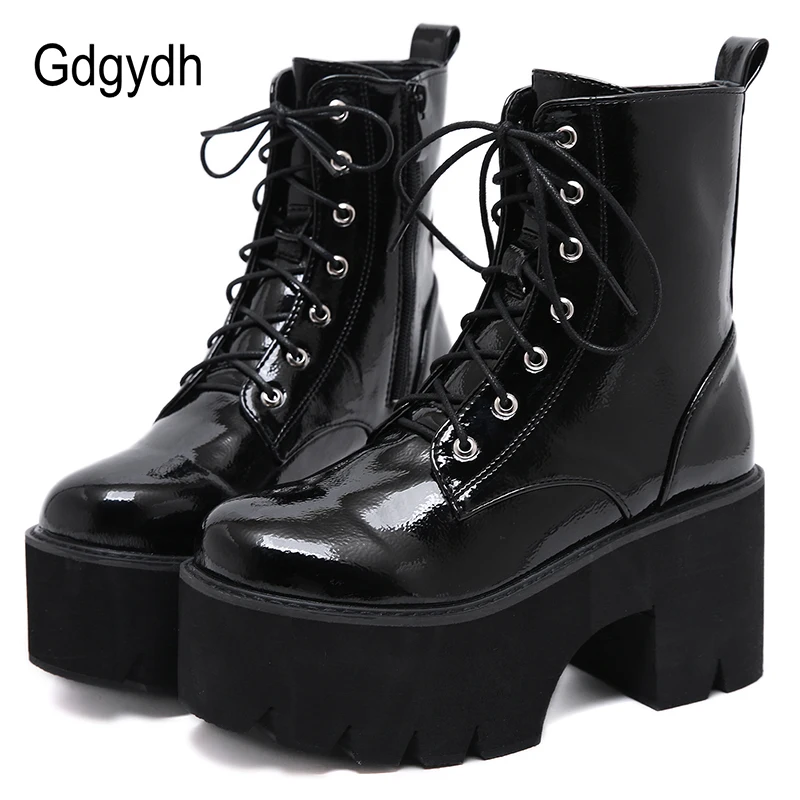 Top Trends: Gdgydh Woman Lace Autumn Boots Womens Ladies Chunky Wedge Platform Black Patent Leather Ankle Boots Punk Goth Shoes Lace Up Shoppable Styles