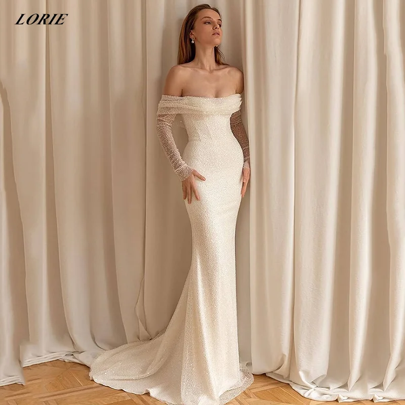 Top Trends: LORIE Off Shoulder Glitter Elegant Mermaid Wedding Dresses Strapless Long Shiny Sleeves Bodycon Bohemia Bridal Gowns Plus Size Shoppable Styles