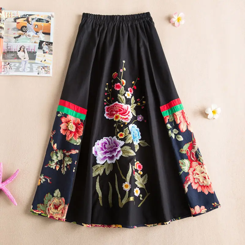 Top Trends: Floral Embroider Long Skirt For Women Cotton Linen Ethnic A-Line Midi Skirt Female Full Circle Dance Skirts Autumn Clothes Shoppable Styles - Image 3