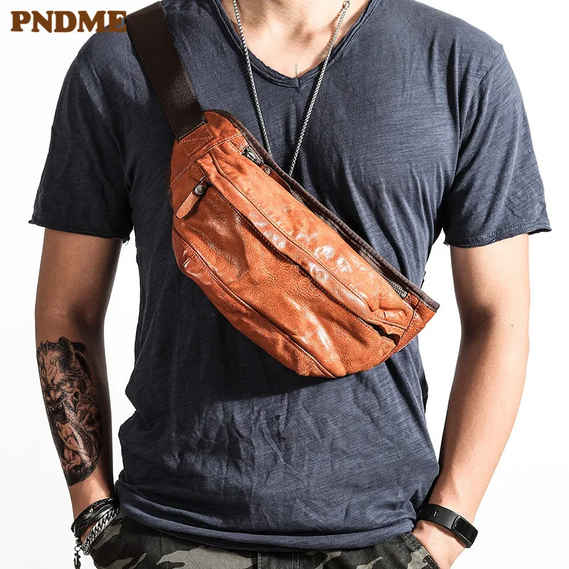 Top Trends: PNDME Personality Trend High Quality Genuine Leather Men&#039;s Chest Bag Vintage Soft Cowhide Luxury Teens Waist Pack Messenger Bag Shoppable Styles