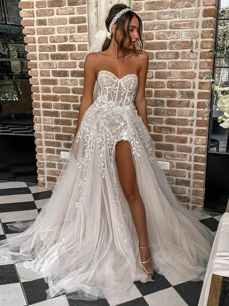 Top Trends: LORIE Sexy Beach Wedding Dresses For Bride Elegant Lace Boho Wedding Gowns Strapless Sleeveless High Split Princess Dresses 2021 Shoppable Styles - Image 3