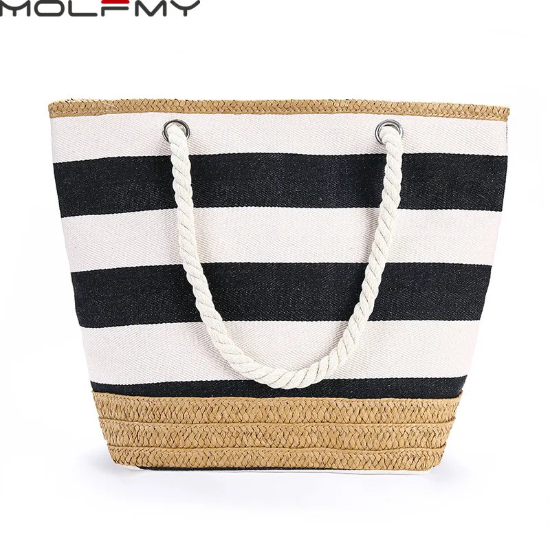 Top Trends: Striped Canvas Handbag For Women Large Capacity Hit Color Travel Shopping Bag For Female New Casual Tote Shoulder Beach Bag Shoppable Styles