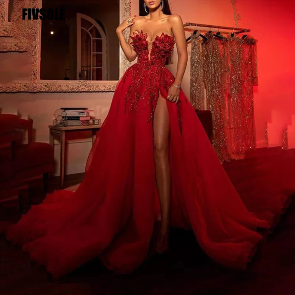 Top Trends: Red Elegant Long Prom Dress 2021 Luxury Strapless Sleeveless Sequin Shiny Split Tulle Ball Gown Women Formal Evening Party Gowns Shoppable Styles