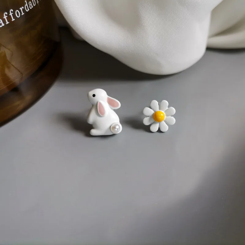 Top Trends: Cute Rabbit Cat Daisy Flower Stud Earrings For Women Sweet Mini Enamel Asymmetrical Earring Girl Birthday Party Jewelry Gifts Shoppable Styles