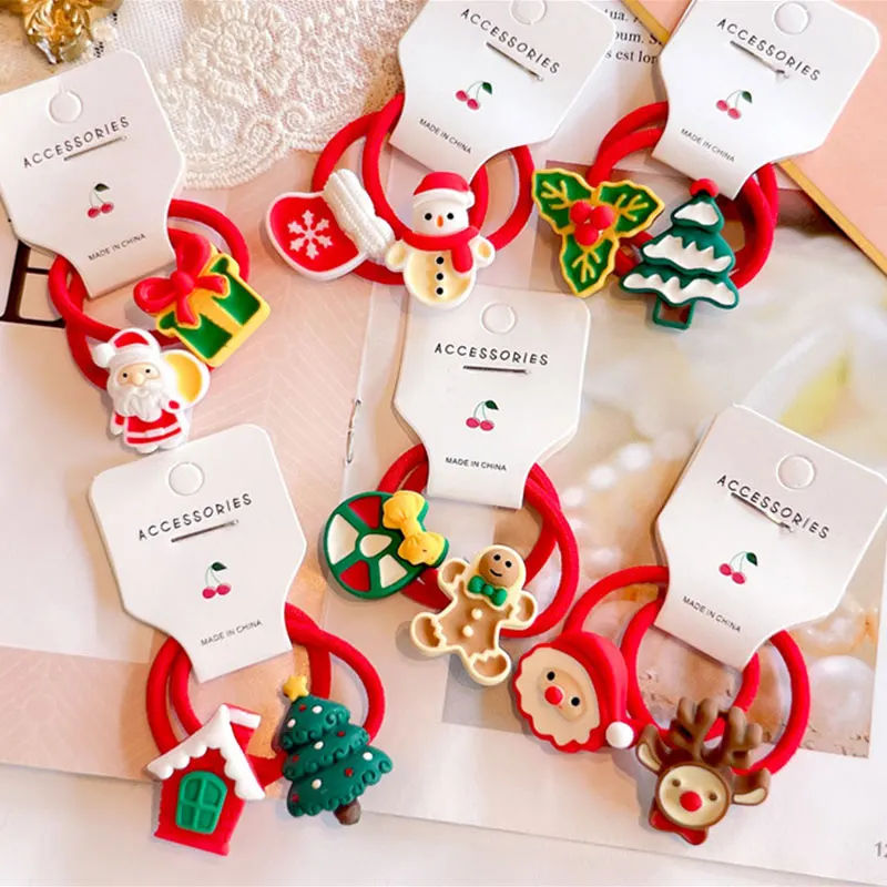 Top Trends: 2pcs / Set Cute Cartoon Christmas Snowman Santa Elk Elastic Hair Bands Rubber Bands Ponytail Holder Scrunchies Girls Headwear Shoppable Styles