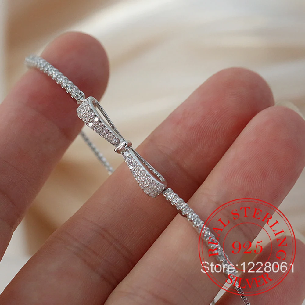 Top Trends: Real 925 Sterling Silver Bowknot Bracelet For Women Shiny Zircon Tennis Hard Bracelet Homme Wedding Party Jewelry Gifts Shoppable Styles