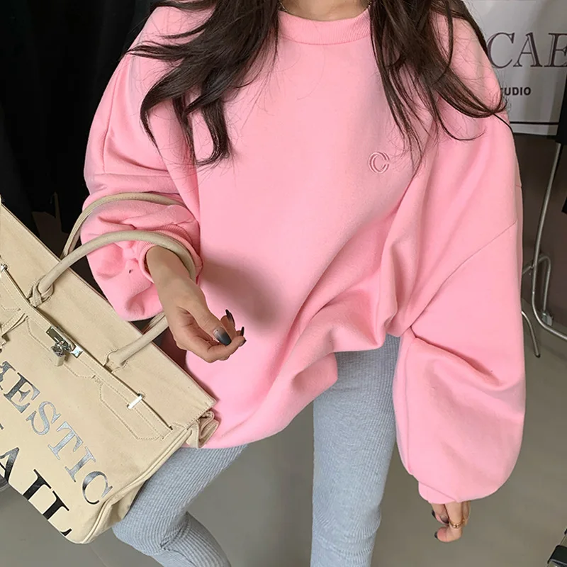 Top Trends: Pink Pullovers Women Plus Velvet Thick Loose Korean Fall Winter 2023 New All-match Mid-length Casual Top Female Long Sleeve Tops Shoppable Styles