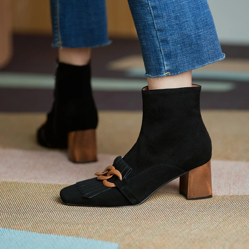 Top Trends: 2021 Spring Autumn New Women Ankle Boots Kid Suede Shoes Woman Square Toe Chain Side Zipper New Female Office Thick Heels Boots Shoppable Styles