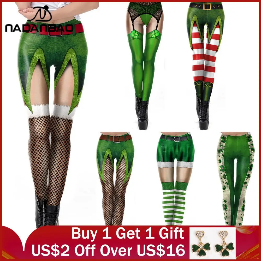 Top Trends: NADANBAO St Patrick's Day Christmas Elf Leggings Women Carnaval Costume Leggin Outfit Pants 3D Printed Fitness Clothing Shoppable Styles