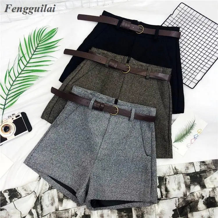 Top Trends: Autumn Winter Formal Shorts Women Korean High Waist Thick With Sashes Wide Leg Shorts Female Gray Black Green Casual Bottom Shoppable Styles