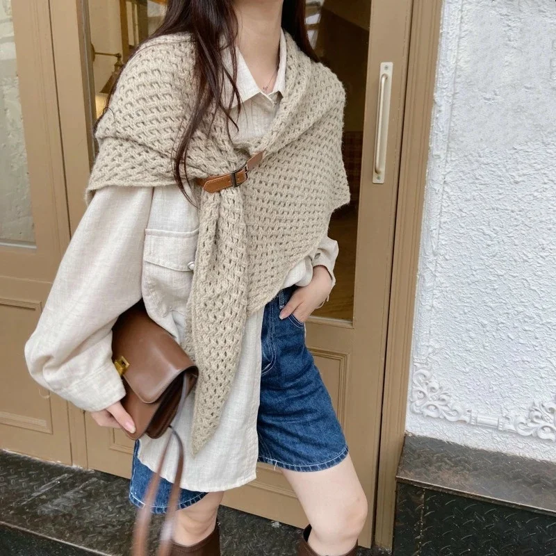 Top Trends: Autumn And Winter Triangle Scarf Knitted Wool Shawl Top Outer Scarf Scarf Dual-Purpose Buckle Shawl Cape Shoppable Styles