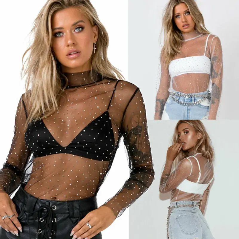 Top Trends: Women See Through Mesh Sheer T-Shirt Top Sexy Sequined Transparent Tee Tops Turtleneck Clothes Summer Female Costume Shoppable Styles