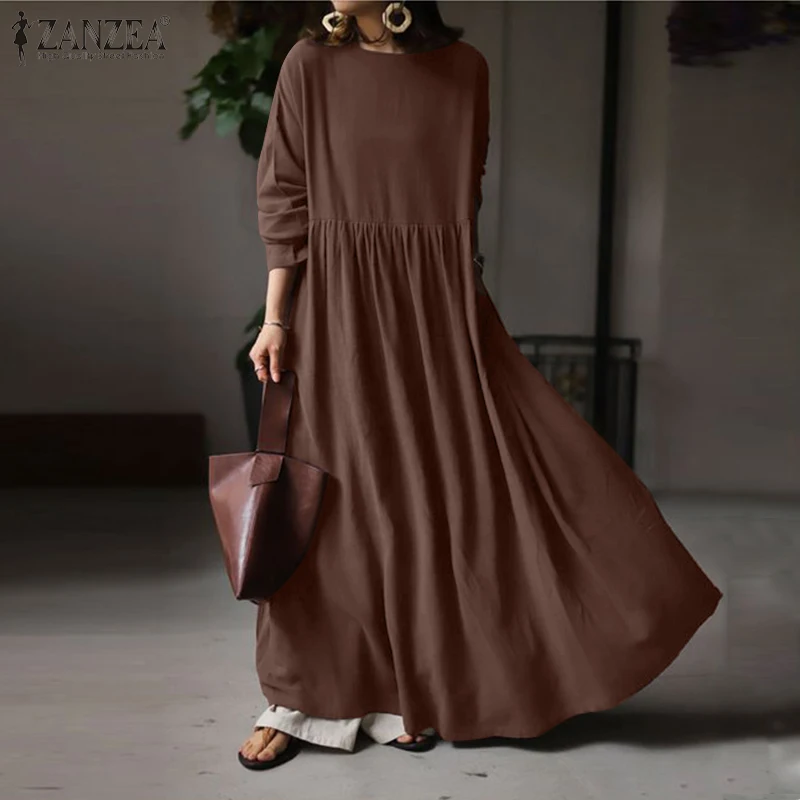 Top Trends: ZANZEA 2023 Elegant Solid Dress Women&#039;s Spring Sundress Casual Long Sleeve Pleated Maxi Vestidos Female Cotton Robe Oversized Shoppable Styles