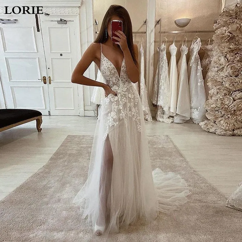 Top Trends: LORIE Boho Wedding Dress A Line Lace Spaghetti Strap Bride Dress 2020 Side Split Long Beach Wedding Gown For Women Shoppable Styles