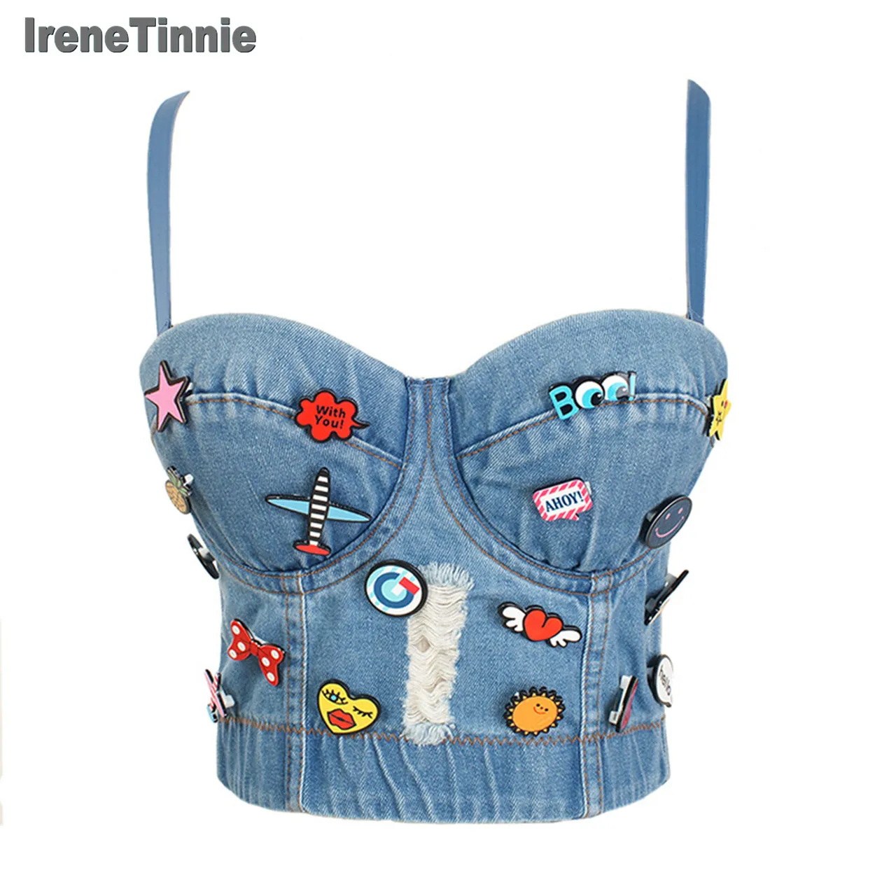 Top Trends: Irene Tinnie Sexy Cute Hole Cartoon Decoration Push Up Bustier Women&#039;s Denim Bralette Cropped Top Vest Plus Size Shoppable Styles