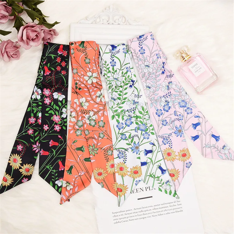 Top Trends: 2023 New Design Skinny Scarf Floral Printing Silk Scarf Women Luxury Brand Foulard Fashion Flower Ladies Bag Scarf Headband Shoppable Styles