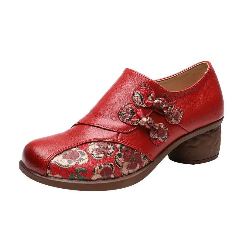 Top Trends: Retro Flower Print Boho Shoes On Heels Red Woman Pumps Genuine Leather Women's Medium Heels Designer Ladies Pumps Women Shoes Shoppable Styles