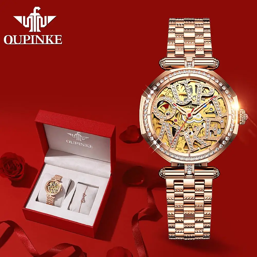 Top Trends: OUPINKE Brand Luxury Automatic Watch Rose Gold Steel Case Vogue Dress Watches Skeleton Transparent Women Mechanical Wristwatches Shoppable Styles