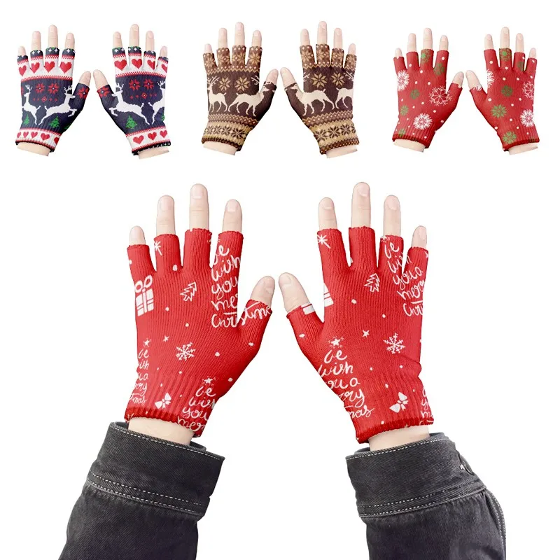 Top Trends: Fashion Half Finger Mittens Cartoon Elk Snowflake Knitted Women Gloves Touch Screen Elastic Work Men Gloves Guantes Luvas Shoppable Styles