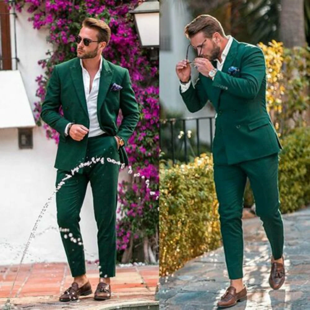 Top Trends: Men&#039;s Green Suits Double-breasted Groom Wedding Wear Tuxedos Peak Lapel Formal Prom Suits Set 2 Pieces (Blazer+ Pants) Shoppable Styles