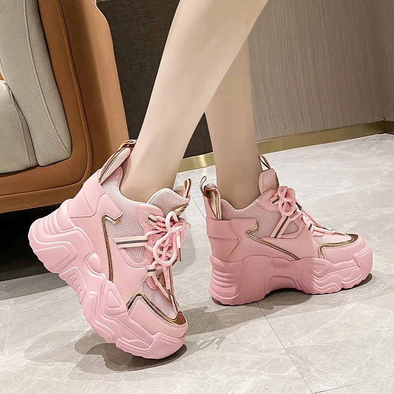 Top Trends: 2022 Spring Thick Sole Casual Dad Shoes Breathable Leather Chunky Sneakers Lace-up 10CM High Platform Sports Shoes Zapatos Mujer Shoppable Styles - Image 4