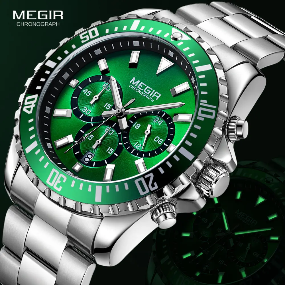 Top Trends: MEGIR Men&#039;s Chronograph Quartz Watches Stainless Steel Waterproof Lumious Analogue 24-hour Wristwatch For Man Green Dial 2064G-9 Shoppable Styles