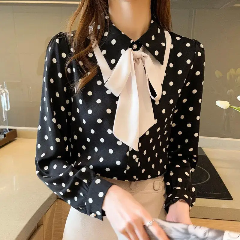 Top Trends: Women&#039;s Elegant Fashion Polka Dot Bow Chiffon Shirts Office Lady All-match Blouses Commuter Loose Chic Casual Blouse Female 3XL Shoppable Styles